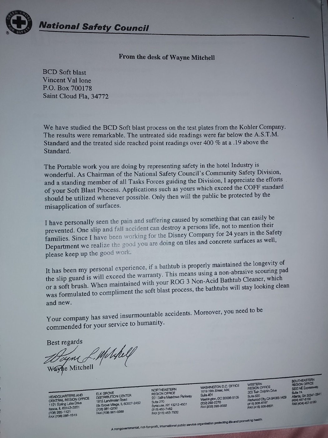Historical National Safety Council letter addressed to Vince Vallone recognizing his surface-safety work