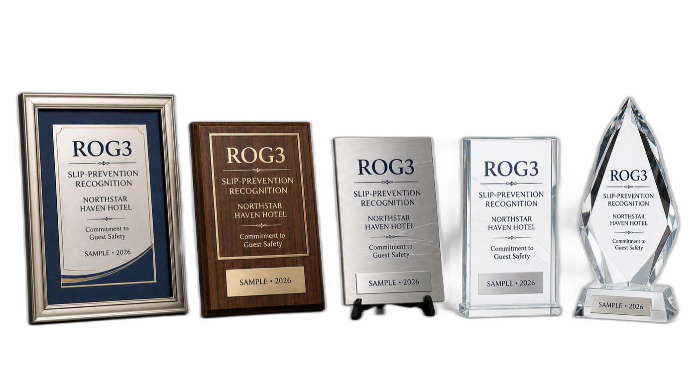 Five ROG3 annual facility recognition display choices: framed, wood plaque, brushed metal, clear acrylic, and crystal