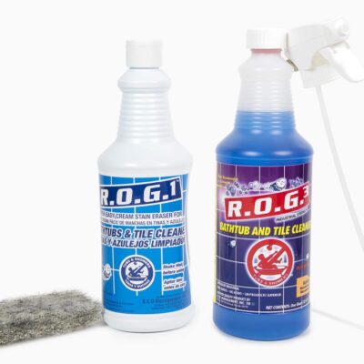 ROG3 two-step tub and shower cleaner kit with ROG1 and ROG3 bottles, sprayer, and cleaning pad