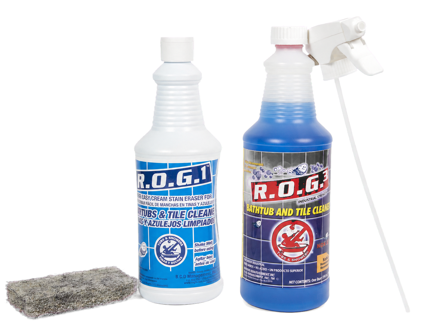 ROG System kit with ROG1 and ROG3 bottles, trigger sprayer, tube, and cleaning pad on a transparent background