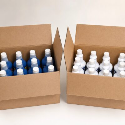 Two open cases containing twelve blue ROG3 bottles and twelve white ROG1 bottles