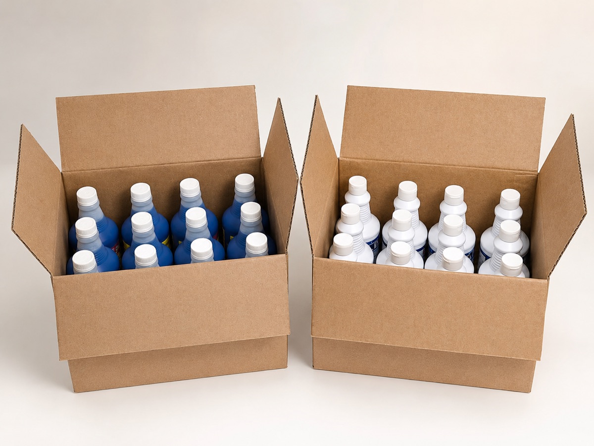 Two open cases containing twelve blue ROG3 bottles and twelve white ROG1 bottles