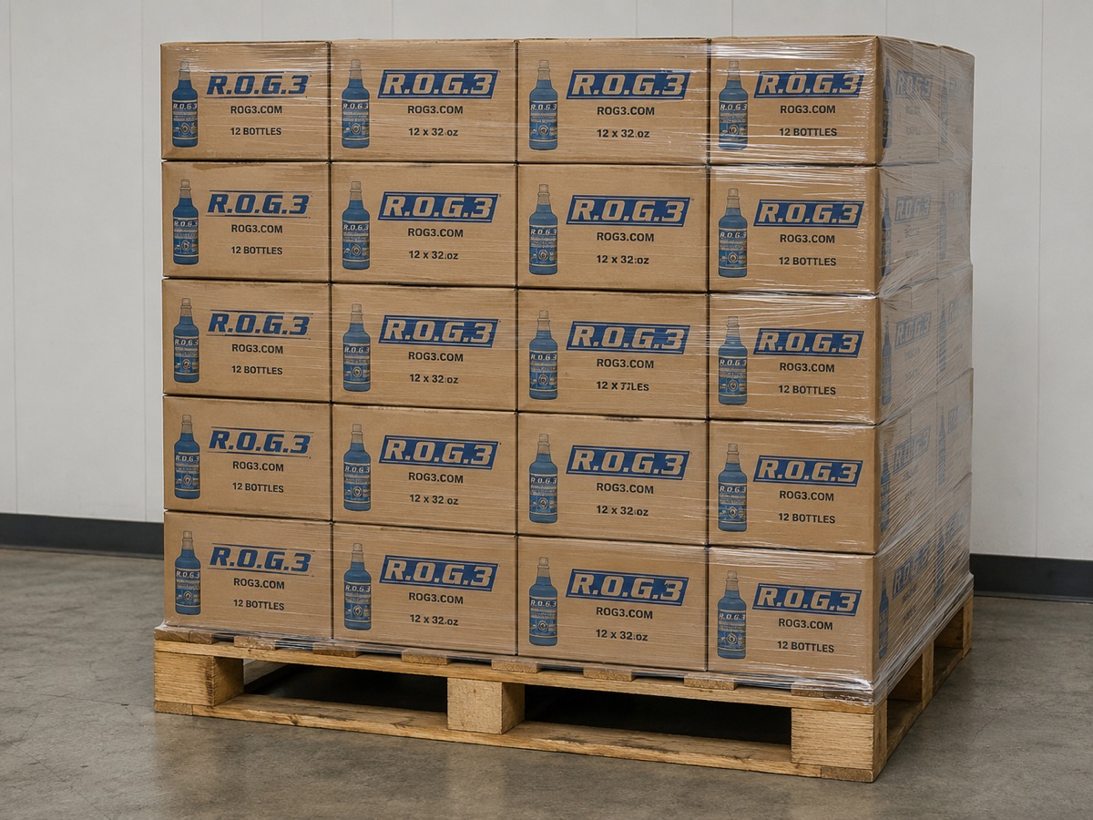 rog3-bulk-cases-pallet-optimized Pallet of ROG3 bulk cases ready for facility shipment