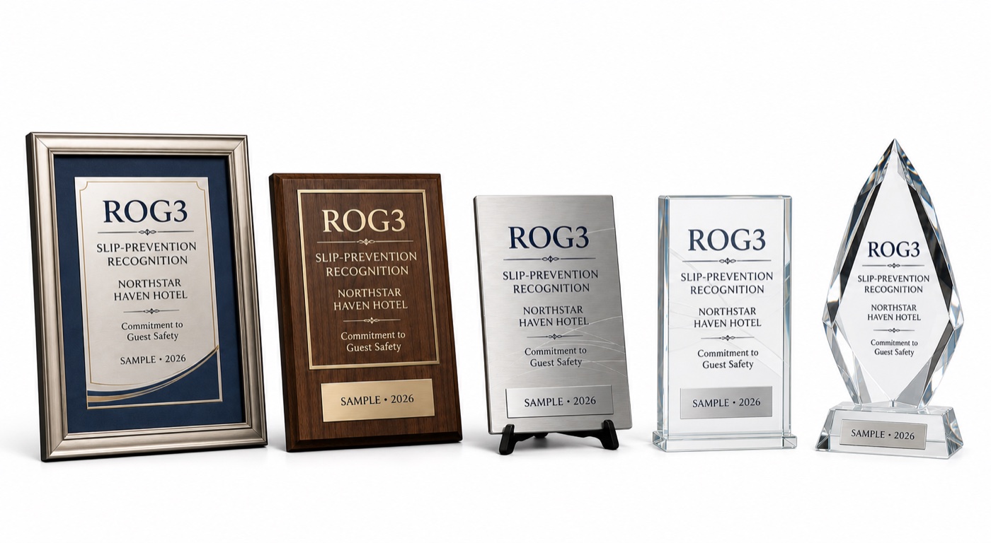 Five sample ROG3 slip-prevention recognition awards for the fictional Northstar Haven Hotel